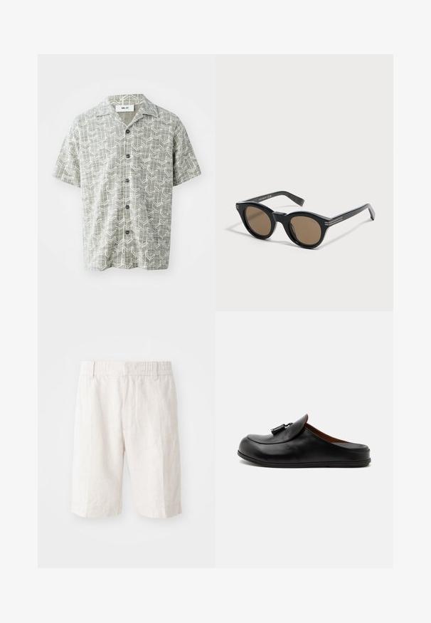 Chemise à manches courtes de couleur gris clair avec un motif géométrique blanc. Elle présente un col à revers et cinq boutons noirs sur le devant.; Shorts en lin beige clair avec une taille élastique, poches latérales et une coupe droite. Texture lisse avec des coutures minimales visibles.; Mocassin noir en cuir sans contrefort avec des glands sur le dessus, affiché de côté sur un fond clair uni.; Lunettes de soleil rondes noires avec des montures épaisses et des verres marron, posées sur une surface blanche légèrement inclinée vers la droite.