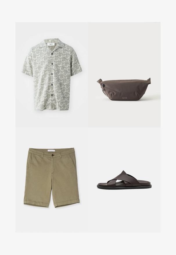 Chemise à manches courtes de couleur gris clair avec un motif géométrique blanc. Elle présente un col à revers et cinq boutons noirs sur le devant.; Shorts kaki en mélange de coton, avec une fermeture à bouton, des passants de ceinture, deux poches avant et un ourlet net. Texture douce, design décontracté.; Stuart Weitzman BERKLEY - Mules - espresso; Sac banane en tissu marron foncé avec poche zippée en diagonale et petit logo blanc sur le devant, sur un fond clair uni.