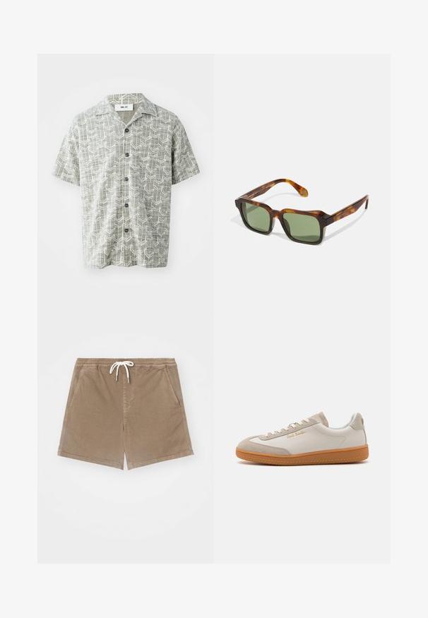 Chemise à manches courtes de couleur gris clair avec un motif géométrique blanc. Elle présente un col à revers et cinq boutons noirs sur le devant.; Shorts en coton marron avec une taille élastique et un cordon de serrage blanc, dotés de deux poches latérales et d'une coupe droite.; Baskets basses blanches et beiges avec semelle en caoutchouc, lacets blancs, détails en daim et logo doré "Paul Smith" sur le côté.; Lunettes de soleil carrées avec une monture en écaille de tortue, des verres verts et des branches épaisses. Présente des coins nets et une texture brillante. Ajustement réglable.
