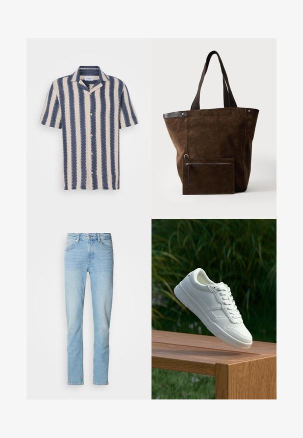 Korte mouw overhemd met een marineblauw en crème gestreept patroon, voorzien van een kraag en knoopsluiting, gemaakt van ademende stof.; Lichtblauwe jeans van denim, met een rechte pasvorm, vijf zakken, riemlussen en een knoopsluiting.; Witte leren sneaker met een gladde textuur, voorzien van een geperforeerd ontwerp, klassieke vetersluiting en rubberen zool, gepositioneerd boven een houten oppervlak.; Donkerbruine suède tote tas met zwarte handvatten en een bijpassende, rechthoekige, met rits afgesloten pouch aan de voorkant bevestigd.