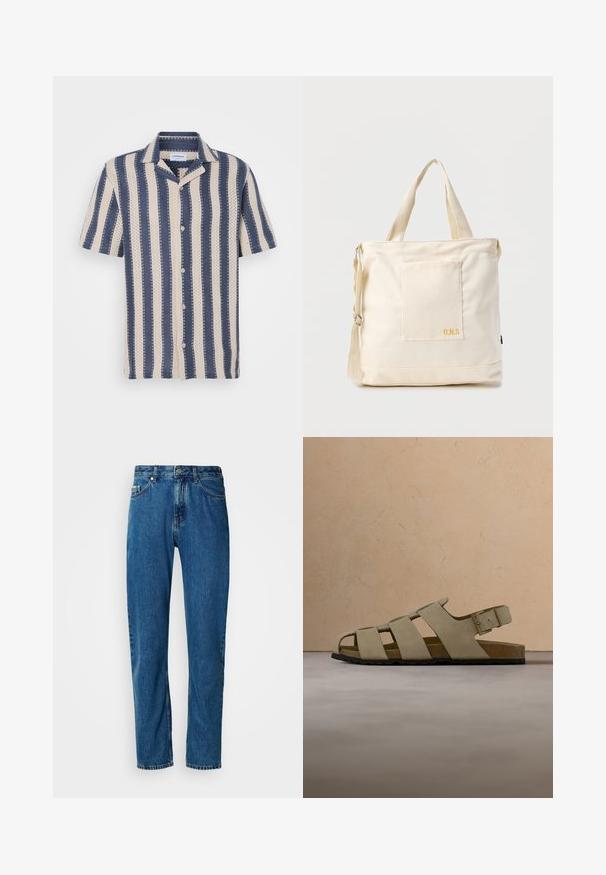 Korte mouw overhemd met een marineblauw en crème gestreept patroon, voorzien van een kraag en knoopsluiting, gemaakt van ademende stof.; Blauwe rechte spijkerbroek met vijf zakken en een knoopsluiting aan de voorkant op een witte achtergrond.; Beige suède sandaal met drie bandjes, gesp, kurken zool, zwarte profielzool, zwevend boven een beige gevlochten kleed, met een houten salontafel en bank op de achtergrond.; Crèmekleurige canvas boodschappentas met voorvak, twee handvatten, verstelbare schouderriem en kleine gele "O.N.S" tekst rechtsonder op het vak.
