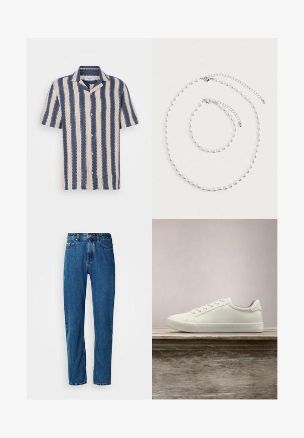 Camisa de manga corta con un patrón de rayas en azul marino y crema, con cuello y cierre de botones, elaborada en tela transpirable.; Jeans de mezclilla azul de pierna recta con cinco bolsillos y cierre frontal de botón sobre un fondo blanco.; Zapatilla blanca con cordones flotando sobre un banco de madera con follaje verde al fondo, mostrando el diseño y la textura del zapato.; Collar de perlas y pulsera a juego con broches de cadena de plata, dispuestos sobre un fondo blanco.