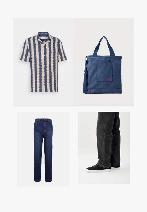 Kurzarmhemd mit einem navy- und cremefarbenen Streifenmuster, das einen kragenförmigen Ausschnitt und Knopfverschluss aufweist, aus atmungsaktivem Stoff gefertigt.; Dunkelblaue Denim-Jeans mit geradem Bein, fünf Taschen, Knopfverschluss und dezenten horizontalen Nähdetails.; Schwarze Jeans aus Denim mit lockerem Schnitt, kombiniert mit marineblauen Wildleder-Sneakern mit weißen Gummisohlen und schwarzen Schnürsenkeln. Einfaches und modernes Design.; Blauer Canvas-Einkaufstasche mit Vordertasche und roter "O.N.S" Stickerei, ausgestattet mit zwei Griffen und einem verstellbaren Schulterriemen.