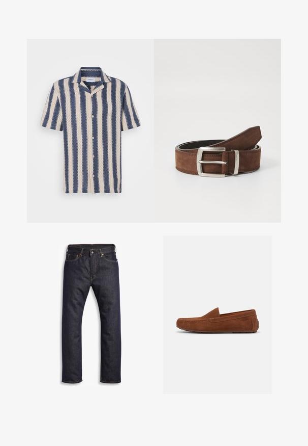Kurzarmhemd mit einem navy- und cremefarbenen Streifenmuster, das einen kragenförmigen Ausschnitt und Knopfverschluss aufweist, aus atmungsaktivem Stoff gefertigt.; Dunkelblaue Jeans aus Denim mit geradem Schnitt, Fünf-Taschen-Design, metallischen Komponenten und kontrastierenden orangen Nähten. Glatte Textur, keine sichtbaren Muster.; Brauner Herrenslipper aus Wildleder mit Gummisohle und Mokassin-ähnlicher Naht, seitlich auf weißem Hintergrund zu sehen.; Brauner Wildledergürtel mit einer silbernen Metallschnalle und linienförmigem Stitching-Detail. Der Gürtel ist flach und hat eine klassische Breite und Form.
