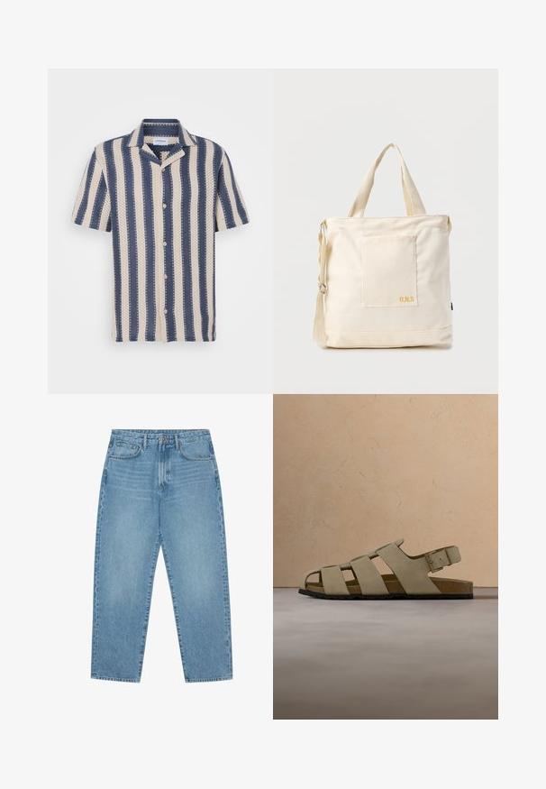 Kurzarmhemd mit einem navy- und cremefarbenen Streifenmuster, das einen kragenförmigen Ausschnitt und Knopfverschluss aufweist, aus atmungsaktivem Stoff gefertigt.; Hellblaue Jeans aus Denim mit geradem Bein, Fünf-Taschen-Design und leicht verwaschener Textur. Mit Knopf- und Reißverschluss ausgestattet.; Beige Wildledersandale mit drei Riemen, Schnalle, Korksohle, schwarzer Laufsohle, schwebend über einem gewebten beigen Teppich, einem Holztisch und einer Couch im Hintergrund.; Beige Canvas-Shopper mit Fronttasche, zwei Griffen, verstellbarem Schulterriemen und kleinem gelbem "O.N.S"-Text unten rechts auf der Tasche.