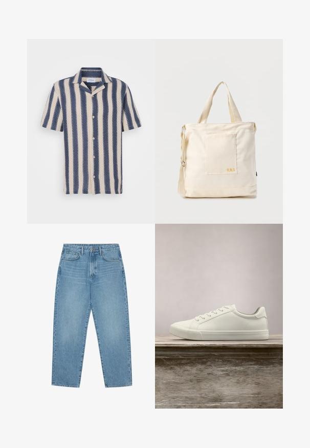 Korte mouw overhemd met een marineblauw en crème gestreept patroon, voorzien van een kraag en knoopsluiting, gemaakt van ademende stof.; Lichtblauwe denim jeans met een rechte pijp, vijfzakkenontwerp en een licht verweerde look. Voorzien van een knoop- en ritssluiting.; Witte vetersneaker die boven een houten bank zweeft met groene bladeren op de achtergrond, waarbij het ontwerp en de textuur van de schoen worden getoond.; Crèmekleurige canvas boodschappentas met voorvak, twee handvatten, verstelbare schouderriem en kleine gele "O.N.S" tekst rechtsonder op het vak.
