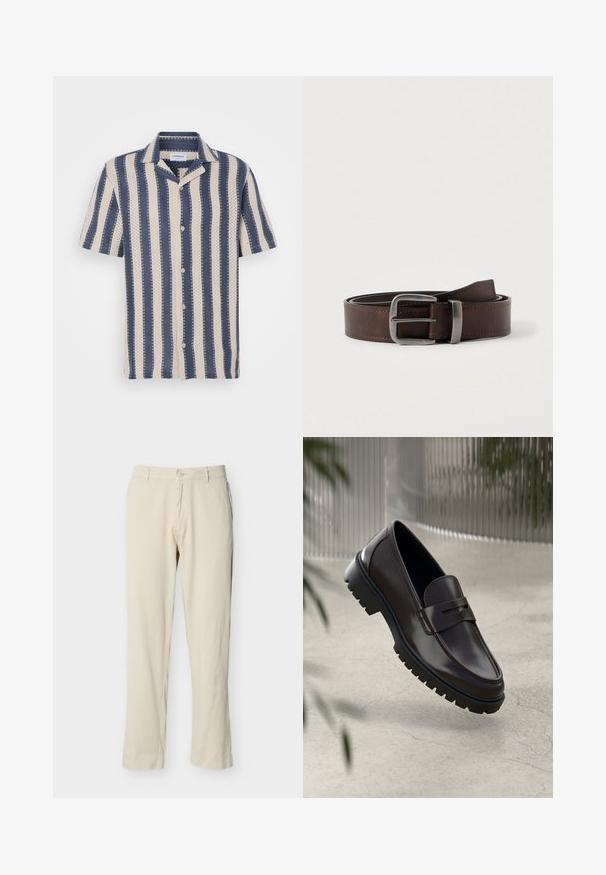 Kurzarmhemd mit einem navy- und cremefarbenen Streifenmuster, das einen kragenförmigen Ausschnitt und Knopfverschluss aufweist, aus atmungsaktivem Stoff gefertigt.; Beige, gerade geschnittene Hose mit Gürtelschlaufen, Knopfverschluss und vorderen Taschen, dargestellt vor einem schlichten weißen Hintergrund.; Braune Leder-Loafers mit einer strukturierten, geriffelten Gummisohle. Sie zeichnen sich durch ein schlankes Design und einen dekorativen Riemen über dem Spann aus.; Dunkelbrauner Leder-Gürtel mit silberner rechteckiger Schnalle, aufgerollt und gegen einen hellen neutralen Hintergrund platziert.