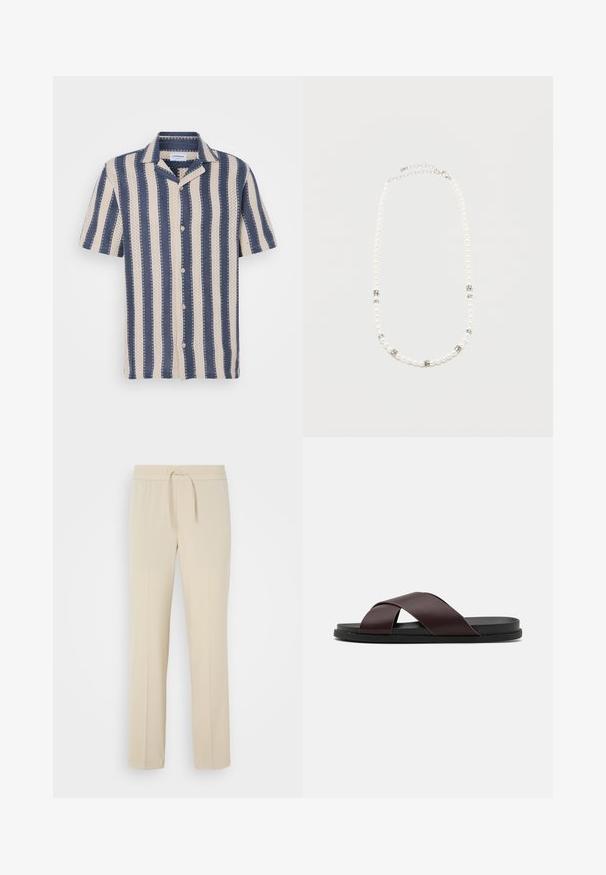 Korte mouw overhemd met een marineblauw en crème gestreept patroon, voorzien van een kraag en knoopsluiting, gemaakt van ademende stof.; Beige, elastische broek met een trekkoord in de taille. Heeft rechte pijpen en een zachte textuur, geschikt voor casual wear of loungen.; Bruine sandaal met kruisbanden, voorzien van een matte afwerking, vlakke zwarte zool en een gladde textuur. Minimalistisch ontwerp zonder zichtbare bevestigingsmaterialen.; Witte parelketting met zilveren strass tussenstukjes en een zilveren ketting sluiting, weergegeven tegen een eenvoudige lichte achtergrond.