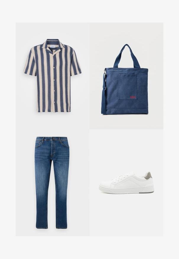 Korte mouw overhemd met een marineblauw en crème gestreept patroon, voorzien van een kraag en knoopsluiting, gemaakt van ademende stof.; Blauwe rechte spijkerbroeken met vijf zakken, knoopsluiting en subtiele vervaging op de dijen en knieën, weergegeven tegen een witte achtergrond.; Witte sneaker van glad leer met een ronde neus, minimalistisch ontwerp, grijze hielaccent en een geplaatste rubberen zool.; Blauwe canvas tas met voorvak en rode "O.N.S" borduring, voorzien van dubbele handvatten en een verstelbare schouderriem.