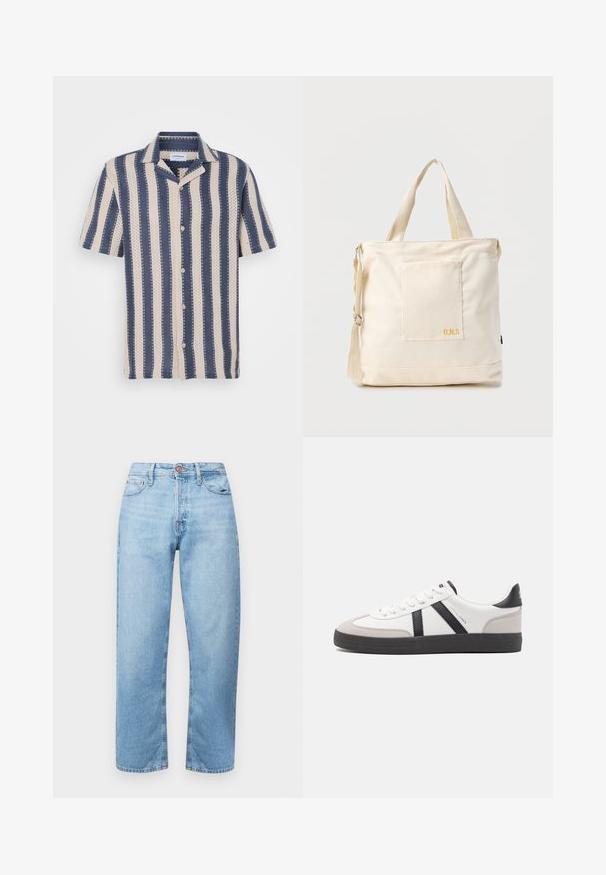 Korte mouw overhemd met een marineblauw en crème gestreept patroon, voorzien van een kraag en knoopsluiting, gemaakt van ademende stof.; Lichtblauwe denim jeans met een rechte snit, vijf zakken en een knoopsluiting. Gladde textuur en minimale vervaging met gestikte accenten.; Witte sneaker met zwarte en grijze accenten, voorzien van een grijze neus met textuur, zwarte rubberen zool en platte witte veters. Schoon ontwerp, minimalistische stijl.; Crèmekleurige canvas boodschappentas met voorvak, twee handvatten, verstelbare schouderriem en kleine gele "O.N.S" tekst rechtsonder op het vak.