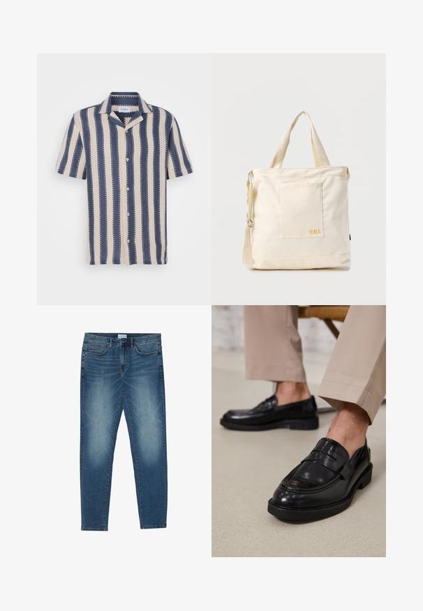 Kurzarmhemd mit einem navy- und cremefarbenen Streifenmuster, das einen kragenförmigen Ausschnitt und Knopfverschluss aufweist, aus atmungsaktivem Stoff gefertigt.; Jeans aus Denim in mittlerem Blau mit einer verblassten Waschung, Fünf-Taschen-Design, geradem Bein und gestickten Akzenten. Mit Knopf- und Reißverschluss.; Schwarze Lederloafers mit glatter Oberfläche, ausgestattet mit einem dekorativen Riemen und Kontrastnähten, kombiniert mit beigen Hosen.; Beige Canvas-Shopper mit Fronttasche, zwei Griffen, verstellbarem Schulterriemen und kleinem gelbem "O.N.S"-Text unten rechts auf der Tasche.