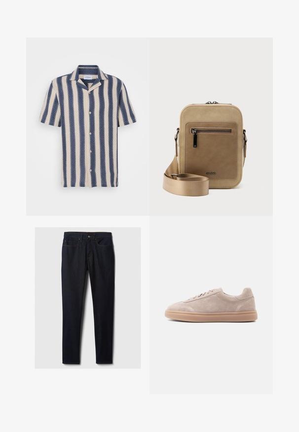 Kurzarmhemd mit einem navy- und cremefarbenen Streifenmuster, das einen kragenförmigen Ausschnitt und Knopfverschluss aufweist, aus atmungsaktivem Stoff gefertigt.; Dunkelblaue Jeans aus Denim mit geradem Bein, ausgestattet mit vorderen Taschen, einem metallenen Knopfverschluss und kontrastierendem gelbem Nähen.; Beige Wildleder-Sneaker in niedriger Ausführung mit Schnürverschluss und Gummisohle, Seitenansicht links auf hellem Hintergrund.; Kleine beige Umhängetasche mit vorderer Reißverschlusstasche, metallischem ALDO-Logo, verstellbarem breitem Riemen und abgerundeter rechteckiger Form vor weißem Hintergrund.