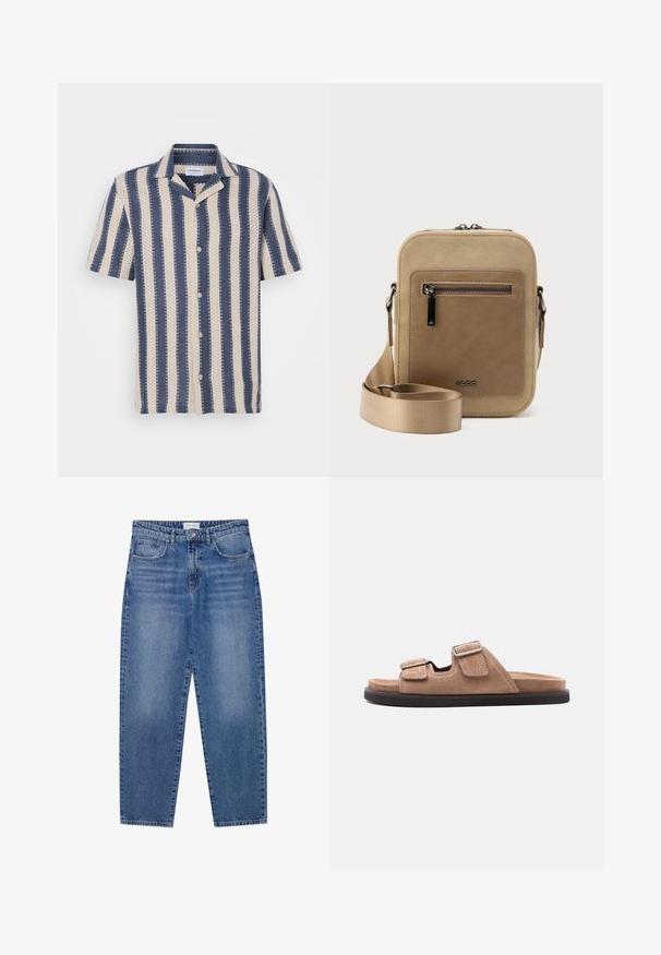 Kurzarmhemd mit einem navy- und cremefarbenen Streifenmuster, das einen kragenförmigen Ausschnitt und Knopfverschluss aufweist, aus atmungsaktivem Stoff gefertigt.; Blaue Denim-Jeans mit hoher Taille, geradem Bein und ausgebleichtem Finish. Verfügt über fünf Taschen und einen Knopfverschluss.; Braune Wildleder-Pantoletten mit schwarzer Sohle, zwei verstellbaren Riemen mit Schnallen und weißer Nahtdetail, Seitenansicht auf weißem Hintergrund.; Kleine beige Umhängetasche mit vorderer Reißverschlusstasche, metallischem ALDO-Logo, verstellbarem breitem Riemen und abgerundeter rechteckiger Form vor weißem Hintergrund.