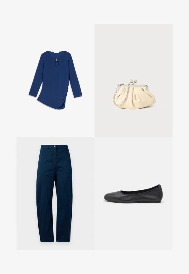 Haut à manches longues en tissu bleu profond, comportant un col en U avec une découpe ronde et un accent doré décoratif au niveau du cou. Texture douce, ourlet asymétrique.; Pantalon bleu marine avec une coupe droite, doté d'une fermeture à bouton à l'avant, de deux poches latérales et d'une finition en tissu lisse et texturé.; Ballerines en cuir noir avec un bout rond, texture lisse, détails de couture minimalistes et design de semelle flexible.; Pochette en cuir beige plissé avec un cadre en métal argenté, dotée de deux fermoirs ronds décoratifs et d'une chaîne en argent.