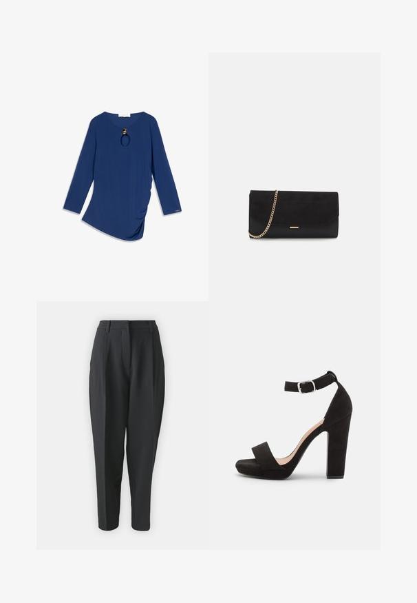 Haut à manches longues en tissu bleu profond, comportant un col en U avec une découpe ronde et un accent doré décoratif au niveau du cou. Texture douce, ourlet asymétrique.; Pantalons noirs ajustés avec taille haute, plis et jambe fuselée. Tissu lisse sans motifs ni ornements visibles.; Anna Field by Zalando Sandales - black; Porte-monnaie noir en daim avec une finition texturée, doté d'une chaîne dorée et d'un design épuré et angulaire.