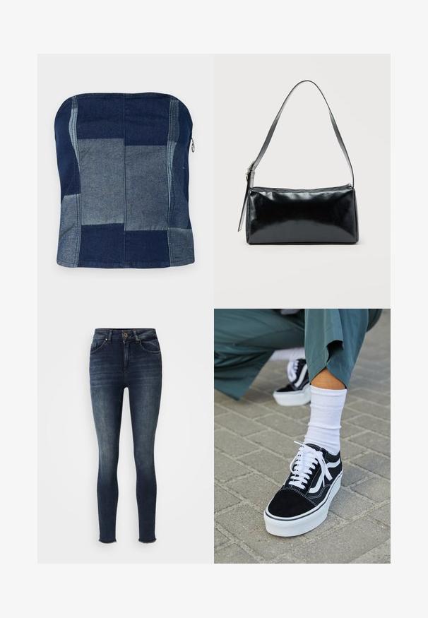 Top en denim sans bretelles marine, avec un design en patchwork de teintes variées, une texture lisse et un détail de fermeture éclair sur le côté.; Jeans skinny bleu foncé avec fermeture à bouton et à glissière à l'avant, design cinq poches, léger délavage sur les cuisses et les genoux, ourlets effilochés aux chevilles.; Baskets en suède noir avec des accents et des lacets blancs, présentant une épaisse semelle blanche et des coutures contrastantes, associées à une chaussette blanche.; Sac d'épaule rectangulaire noir avec une sangle réglable unique et une fermeture éclair supérieure sur un fond uni.