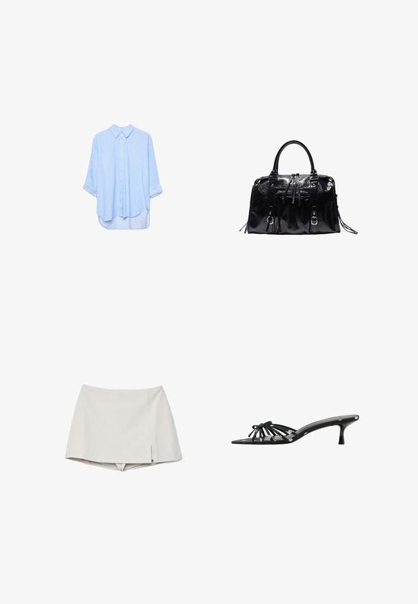Chemise à manches longues bleu clair à boutons, avec de fines rayures blanches verticales et manches retroussées, présentée sur un fond blanc.; Skort beige taille haute avec une petite fente à l'avant sur le côté droit, donnant l'apparence d'une jupe avec un short en dessous.; Mule noire à bout ouvert avec fines brides, détail nœud, petit talon kitten et motif à pois blancs sur les brides et la semelle.; Sac à main en cuir noir brillant avec deux poignées, poche avant zippée, sangles décoratives et ferrures métalliques argentées.