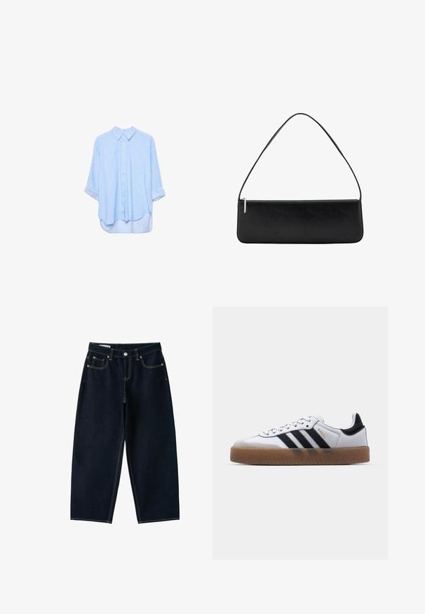 Chemise à manches longues bleu clair à boutons, avec de fines rayures blanches verticales et manches retroussées, présentée sur un fond blanc.; Jean bleu foncé à jambes larges, taille haute, bouton sur le devant, fermeture éclair et cinq poches avec coutures apparentes.; Baskets en cuir blanc avec des rayures noires, semelle extérieure en caoutchouc beige, bout rond, fermeture lacée et embout en suède gris doux.; Sac d'épaule rectangulaire noir avec une bandoulière unique et une fermeture éclair argentée le long du bord supérieur, sur fond blanc.