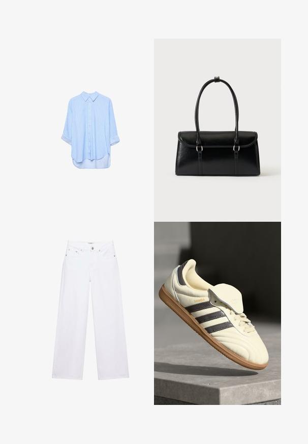 Chemise à manches longues bleu clair à boutons, avec de fines rayures blanches verticales et manches retroussées, présentée sur un fond blanc.; Jean blanc taille haute à jambes larges avec fermeture à boutons et zip, poches avant et arrière, et détails en rivets argentés.; Baskets en cuir crème avec trois bandes sombres, une semelle extérieure en gomme marron et un bout arrondi. Présentent une languette pliable étiquetée "SAMBA."; Sac à main rectangulaire en cuir noir avec fermeture à rabat et deux longues anses sur fond blanc uni.