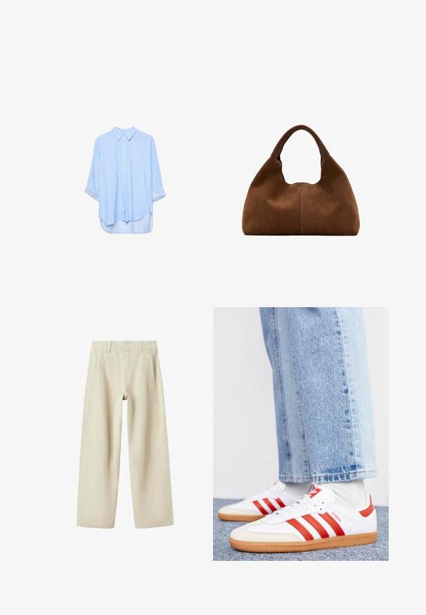 Chemise à manches longues bleu clair à boutons, avec de fines rayures blanches verticales et manches retroussées, présentée sur un fond blanc.; Pantalon beige à jambes larges avec poches latérales, passants de ceinture et coutures visibles, présenté à plat sur fond blanc.; Baskets en cuir blanc avec des rayures et des accents rouges. Dotées d'une semelle extérieure en gomme texturée et d'un col rembourré. Portées avec un jean en denim bleu clair.; Sac hobo en daim marron avec une anse large et arrondie et une forme souple et décontractée sur un fond blanc.