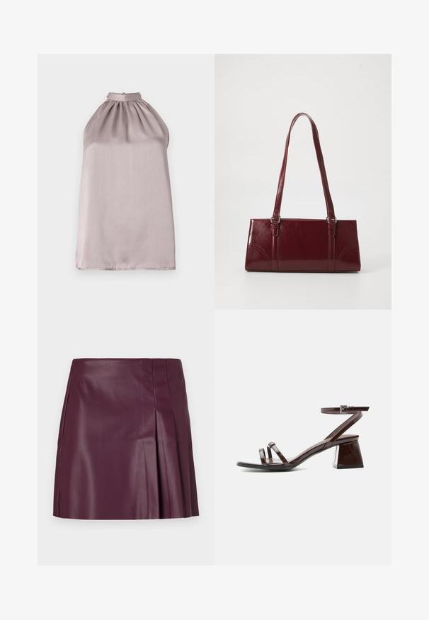 Halter-neck, bezrukávový top v svetlej fialovej saténe s nariasením na výstrihu a hladkým, mierne lesklým povrchom.; ONLY ONLARTZY Short - Minisukňa - mauve wine; Tmavohnedá sandále z laku s blokovým podpätkom, členkový remienok s prackou a dvoma tenkými remienkami cez prsty na bielom pozadí.; Bordová kabelka vyrobená z lesklého materiálu, obdĺžnikový tvar, s dvoma ramennými popruhmi a jemnými zakrivenými akcentmi na prednej strane.