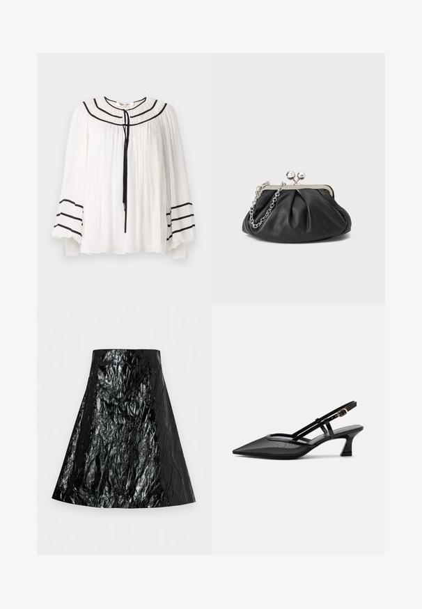 Blouse blanche à manches longues, avec des accents de rayures noires et une texture plissée. Encolure arrondie avec une fermeture à lien à l'avant.; Jupe noire brillante froissée en ligne A avec taille haute et ceinture lisse, présentée à plat sur un fond clair.; Chaussure slingback noire à bout pointu avec tige en mesh, fines brides, boucle dorée et petit talon incurvé sur fond blanc.; Porte-monnaie en cuir noir avec texture froncée, cadre en métal argenté, fermeture à verrouillage kiss-lock et bandoulière en chaîne. Surface lisse et douce.
