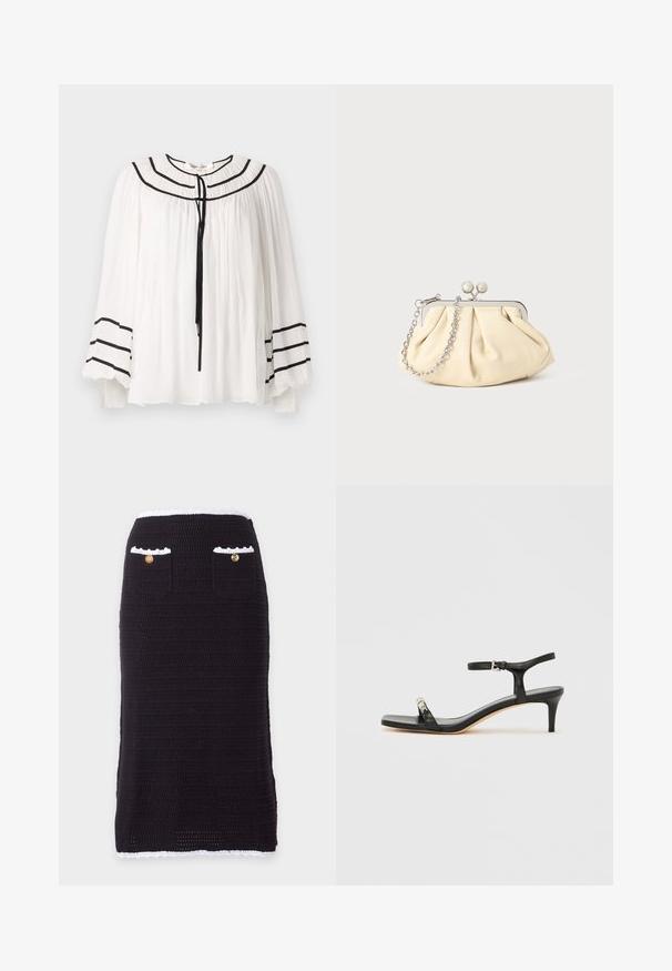 Blouse blanche à manches longues, avec des accents de rayures noires et une texture plissée. Encolure arrondie avec une fermeture à lien à l'avant.; Jupe crayon en maille noire avec bordure blanche à la taille et à l'ourlet, comportant deux poches avant, chacune avec un bouton doré.; Sandale noire en cuir à talon avec bride à la cheville, bout ouvert, devant carré et accent en métal argenté. Design ajusté avec un profil élégant.; Pochette en cuir beige plissé avec un cadre en métal argenté, dotée de deux fermoirs ronds décoratifs et d'une chaîne en argent.