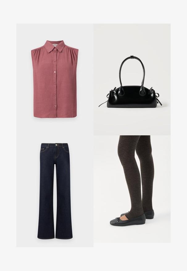 Haut sans manches à boutons avec col en rose poudré, présentant de légers fronces aux coutures des épaules et un ourlet droit.; Jean en denim bleu foncé à jambes larges avec poches avant, fermeture par bouton et fermeture éclair, et coutures contrastantes visibles.; Jambes portant des leggings côtelés foncés associés à des ballerines noires avec de petits détails en nœud sur fond blanc.; Petit sac à main noir brillant avec deux longues anses et des détails à cordon sur les côtés sur un fond clair uni.