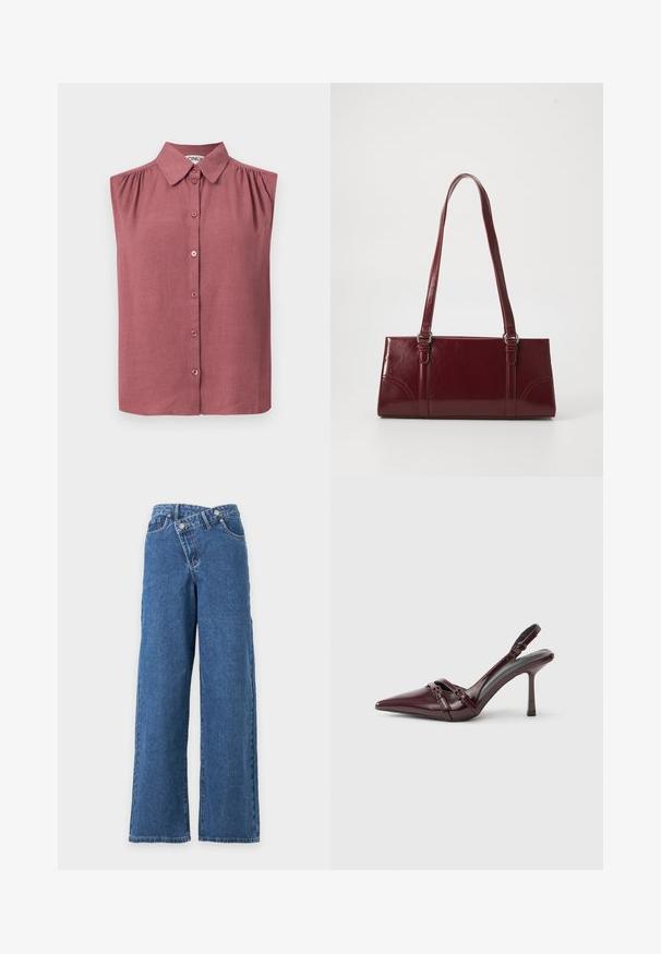Haut sans manches à boutons avec col en rose poudré, présentant de légers fronces aux coutures des épaules et un ourlet droit.; Jean denim bleu à jambes larges, taille haute avec fermeture à boutons chevauchants sur fond blanc uni.; Escarpin slingback en cuir verni bordeaux avec bout pointu, fine bride à la cheville et petit détail décoratif de boucle. Texture lisse et talon haut.; Sac à main bordeaux en matériau brillant, de forme rectangulaire, avec deux anses et des accents légèrement courbés à l'avant.