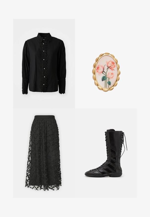 Schwarze Bluse mit langen Ärmeln, die einen gewellten Kragen und eine Knopfleiste mit Perlenakzenten aufweist. Hergestellt aus leichtem Stoff mit strukturierten Details.; Schwarte Midi-Rock mit transparentem Überzug und strukturierten floralem Applikationen, einem glatten Bund und einer fließenden Silhouette.; Schwarze High-Top-Stiefel aus glänzendem synthetischem Material, mit einem aufwändigen Schnürdesign und diagonalen Streifenakzenten an den Seiten.; Ovales Broschen mit einem goldfarbenen gewellten Rand, der ein Blumenmuster von pinken Rosen auf hellem Hintergrund zeigt. Glatte Textur und detaillierte Grafiken.