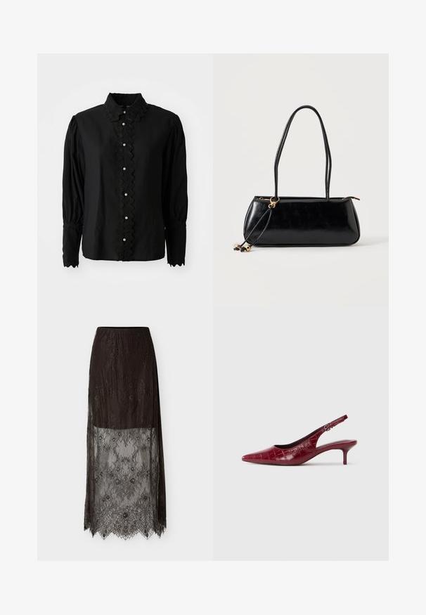 Schwarze Bluse mit langen Ärmeln, die einen gewellten Kragen und eine Knopfleiste mit Perlenakzenten aufweist. Hergestellt aus leichtem Stoff mit strukturierten Details.; Schwarzer Midirock mit floraler Spitze, durchgehendem Futter bis zur Mitte des Oberschenkels und durchsichtiger Spitze, die bis zum Saum mit gewelltem Rand reicht.; Burgunderfarbene Leder-Slingback-Pumpe mit Krokodilleder-Textur, spitzem Zehenbereich, verstellbarem Riemen mit Schnalle und niedrigem Kitten-Absatz auf einem weißen Hintergrund.; Schwarze rechteckige Handtasche mit zwei langen Trägern, goldfarbenem Ringdetail und Reißverschluss auf hellem, einfarbigem Hintergrund.