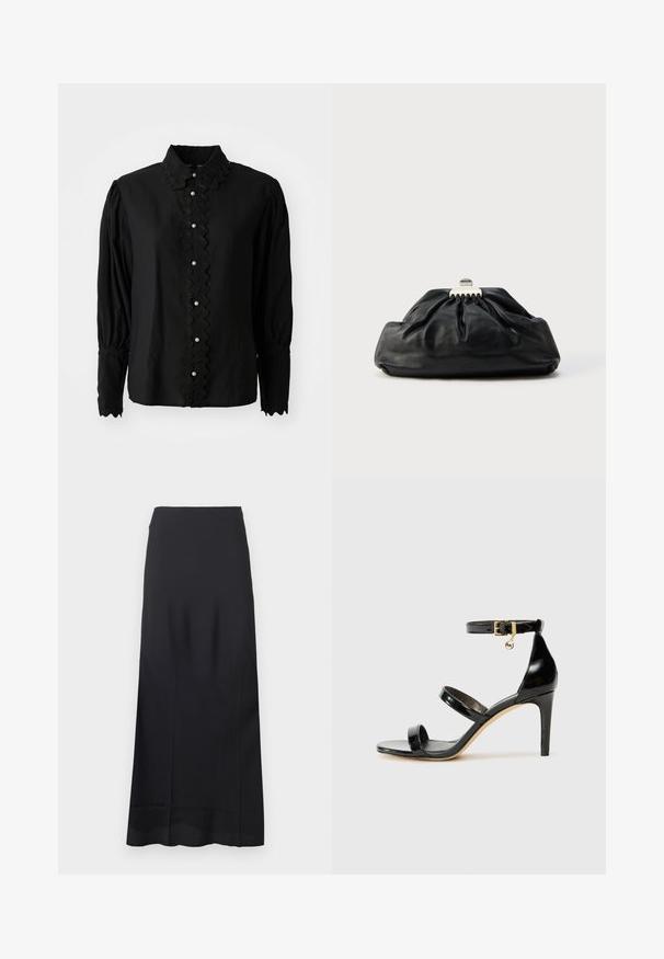 Schwarze Bluse mit langen Ärmeln, die einen gewellten Kragen und eine Knopfleiste mit Perlenakzenten aufweist. Hergestellt aus leichtem Stoff mit strukturierten Details.; Schwarzer, bodenlanger Rock aus glattem Stoff; zeichnet sich durch ein elegantes, schlankes Design ohne zusätzliche Muster oder Verzierungen aus.; Schwarze Lackleder-Sandale mit drei Riemen, Knöchelriemen und 10 cm hohen Stiletto-Absatz. Verfügt über goldfarbene Hardware-Details und ein Logo-Charm.; Schwarze Leder-Clutch mit geraffter Textur, Metallverschluss und dezentem, auf der Vorderseite geprägtem Logo. Abgerundete Form.