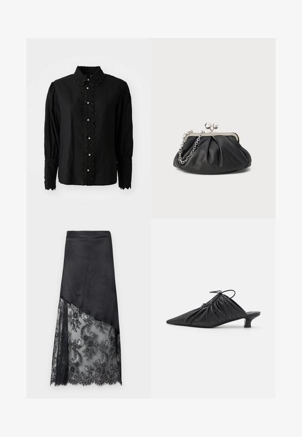 Schwarze Bluse mit langen Ärmeln, die einen gewellten Kragen und eine Knopfleiste mit Perlenakzenten aufweist. Hergestellt aus leichtem Stoff mit strukturierten Details.; Schwarzer asymmetrischer Rock mit solidem Satintop und durchsichtigem floralen Spitzenbesatz im unteren Bereich.; Schwarze Leder-Mules zum Hineinschlüpfen mit spitzer Zehe, geraffter Textur und kleinem Kitten-Heel. Verfügt über ein Zugbanddetail am Öffnung.; Schwarze Leder-Clutch mit geraffter Textur, silberfarbener Metallrahmen, Druckverschluss und Kettenriemen. Glatte, weiche Oberfläche.