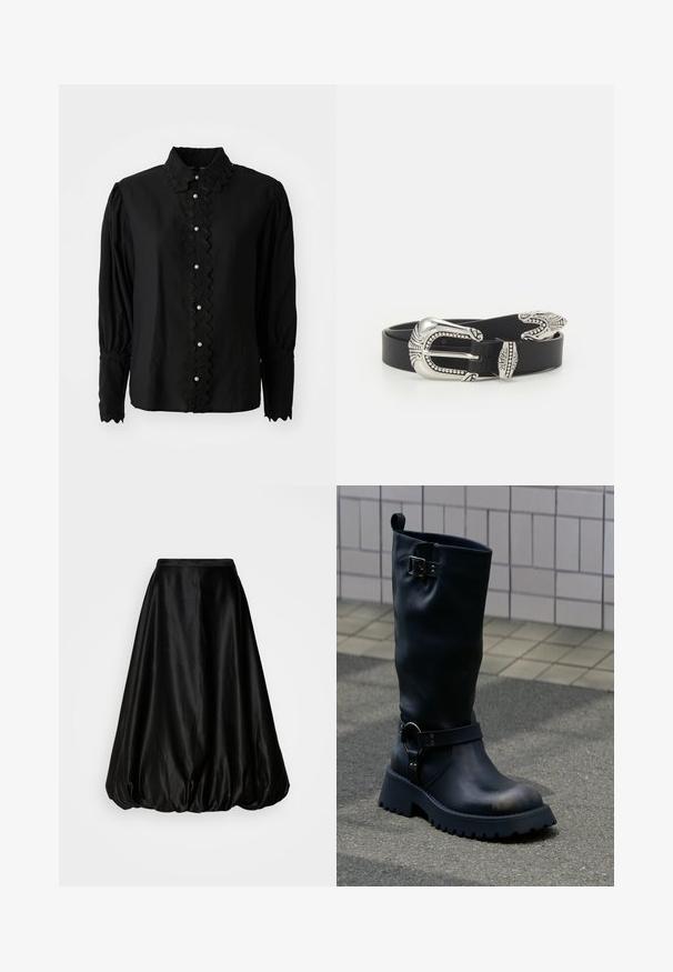 Schwarze Bluse mit langen Ärmeln, die einen gewellten Kragen und eine Knopfleiste mit Perlenakzenten aufweist. Hergestellt aus leichtem Stoff mit strukturierten Details.; Schwarzer Satin-Midi-Rock mit voluminösem, ballonartigem Schnitt. Glatte Textur und eine enganliegende Taille, entworfen für eine fließende Silhouette.; Schwarzer mittelhoher Lederstiefel mit grober Sohle, Metallschnalle nahe der Spitze und Riemen mit Ringdetail über dem Knöchel, auf gepflastertem Untergrund.; Schwarzer Ledergürtel mit einer großen silbernen Metallschnalle, die über feine Verzierungen und dekorative Akzente an beiden Enden verfügt.