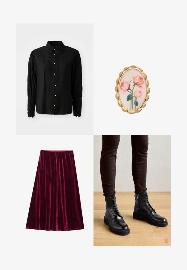 Blusa negra de manga larga con cuello scalloped y placket de botones con acentos de perlas. Fabricada en un tejido ligero con un detalle texturizado.; Falda de terciopelo en burdeos profundo, con una textura suave, diseño de largo completo y una cintura elástica para mayor comodidad. Sin cierres visibles.; Botas negras de cuero hasta el tobillo con detalles de brogue, cordones en la parte delantera, cremalleras laterales y suelas de goma texturizadas. Combinadas con pantalones oscuros de corte slim.; Broche ovalada con un borde acanalado en tonalidad dorada, que presenta un diseño floral de rosas rosas sobre un fondo claro. Textura suave y gráficos detallados.