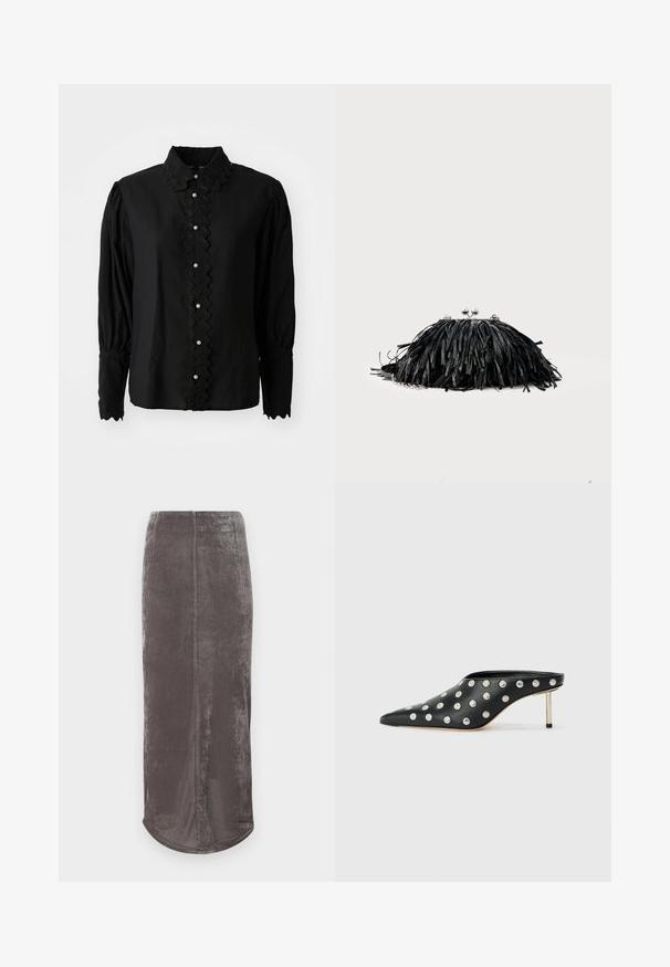 Blusa negra de manga larga con cuello scalloped y placket de botones con acentos de perlas. Fabricada en un tejido ligero con un detalle texturizado.; Falda gris hasta la rodilla hecha de una suave tela texturizada con un sutil brillo. Presenta un corte recto y un dobladillo redondeado.; STAND STUDIO KELSEY - Mules de tacón - black; Bolso de mano negro con flecos, cierre de broche plateado y correa de cadena sobre un fondo claro y liso.