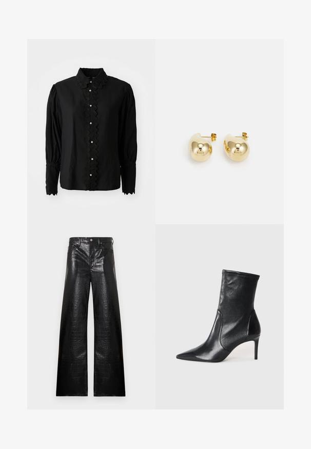 Schwarze Bluse mit langen Ärmeln, die einen gewellten Kragen und eine Knopfleiste mit Perlenakzenten aufweist. Hergestellt aus leichtem Stoff mit strukturierten Details.; Schwarze, weite Lederhose mit Krokodilprägung, Knopfverschluss und Fünf-Taschen-Design mit silbernen Verzierungen.; Schwarze Stiefeletten aus glattem Leder, mit einer spitzen Zehe, schmalem Schaft und schlanker, hoher Ferse. Minimalistisches Design ohne sichtbare Beschläge.; Goldene Steckerohrringe mit einer glatten, runden Form und glänzender Oberfläche; verfügen über einen kleinen Stift zur sicheren Befestigung.