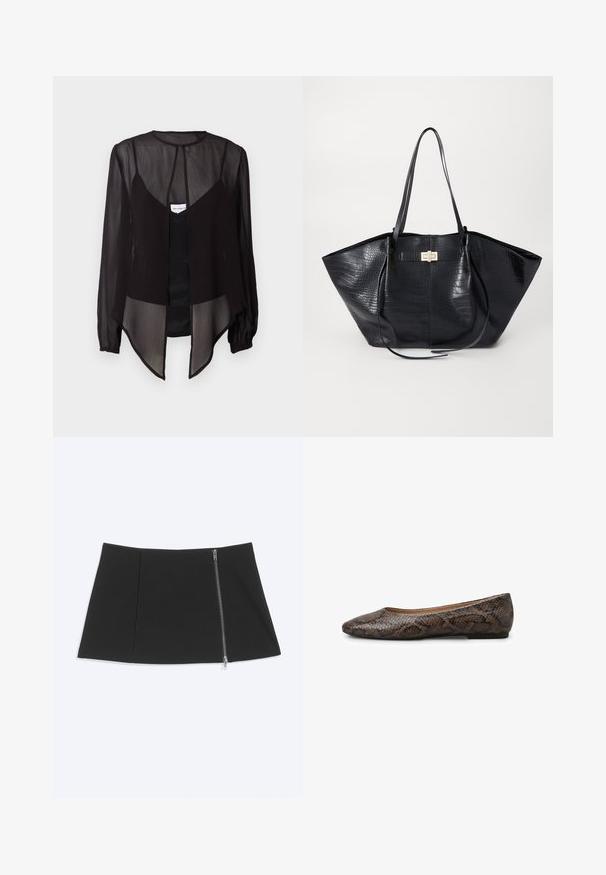 Zwarte doorzichtige blouse met lange mouwen, hoge hals en een asymmetrische zoom. Bevat een sluiting met knopen aan de voorkant en gelaagde designelementen.; Zwarte minirok met een zilveren ritssluiting die diagonaal langs de rechterkant loopt, gladde stof, licht uitlopende zoom.; Bruin-zwart plat schoenen met slangenhuidtextuur, puntige neus en lage hak op een witte achtergrond.; Zwarte tote bag met een krokodillenpatroon, gladde textuur, dubbele schouderbanden en een centrale goudkleurige hardware detail.