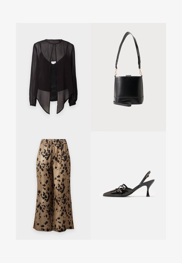 Zwarte doorzichtige blouse met lange mouwen, hoge hals en een asymmetrische zoom. Bevat een sluiting met knopen aan de voorkant en gelaagde designelementen.; Bruine, gemêleerde wijde broek met een zwart gespikkeld ontwerp, gemaakt van een glanzende stof, met een elastische tailleband voor comfort.; ALOHAS JOELLE ONIX - Klassieke pumps - black; Zwarte leren bucketbag met brede verstelbare schouderriem en afneembare polsband op een lichtgrijze achtergrond.
