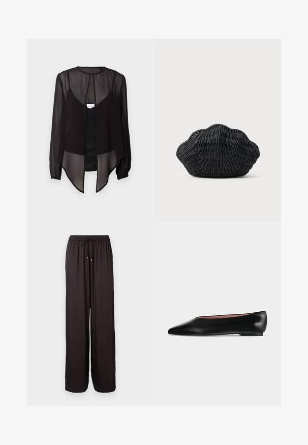Zwarte doorzichtige blouse met lange mouwen, hoge hals en een asymmetrische zoom. Bevat een sluiting met knopen aan de voorkant en gelaagde designelementen.; Losse zwarte broek met elastische tailleband en trekkoord met gouden punten, volledig lengte en rechte pijpen.; Zwarte leren damesschoen met platte zool, puntige neus en lage hak, zijwaarts afgebeeld tegen een effen lichtgrijze achtergrond.; Zwarte gevlochten handtas in de vorm van een sint-jakobsschelp met een gebogen bovenkant en een geweven textuur op een effen achtergrond.