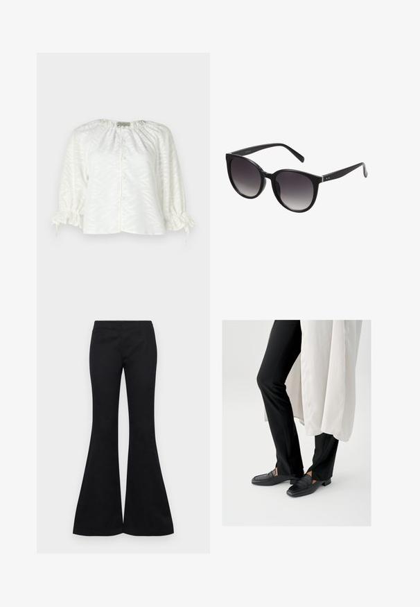Blouse blanche avec un motif de feuilles texturé, encolure ronde, devant boutonné et manches élastiquées froncées avec des liens à cordon.; Pantalons évasés noirs en tissu lisse, dotés d'un haut ajusté et de jambes larges, sans ornements visibles ni poches.; Mocassins en cuir noir avec un bout carré et un petit talon carré, associés à un pantalon noir ajusté et une couche extérieure blanche fluide.; Lunettes de soleil noires en forme de cat-eye avec des verres dégradés, monture en plastique, texture lisse et détails en argent sur les branches.