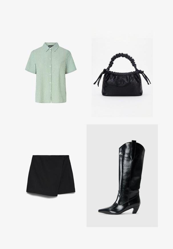 Camisa de manga corta a rayas verdes y blancas con cierre de botones y cuello puntiagudo. Tela suave y ligera con un corte relajado.; Mini falda negra asimétrica con delantero cruzado y cierre lateral con cremallera.; Botas de cuero negras hasta la rodilla con punta afilada, tacón bajo y detalle de costura decorativa en los laterales. Acabado suave y brillante.; Bolso negro con textura de cocodrilo, borde superior fruncido, asa recogida y cordones con borlas en cada lado sobre un fondo blanco.
