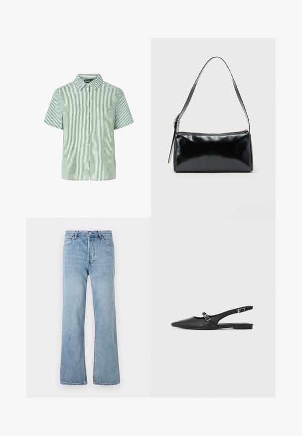 Camisa de manga corta a rayas verdes y blancas con cierre de botones y cuello puntiagudo. Tela suave y ligera con un corte relajado.; Jeans de mezclilla de talle alto de color azul claro con cierre de botón, bolsillos delanteros y traseros, y corte recto sobre un fondo blanco.; Zapatos slingback de cuero negro con punta afilada, que cuentan con una correa estrecha y un detalle de hebilla plateada en el lateral. Suela plana.; Bolso de hombro rectangular negro con una correa ajustable y un cierre de cremallera superior sobre un fondo liso.