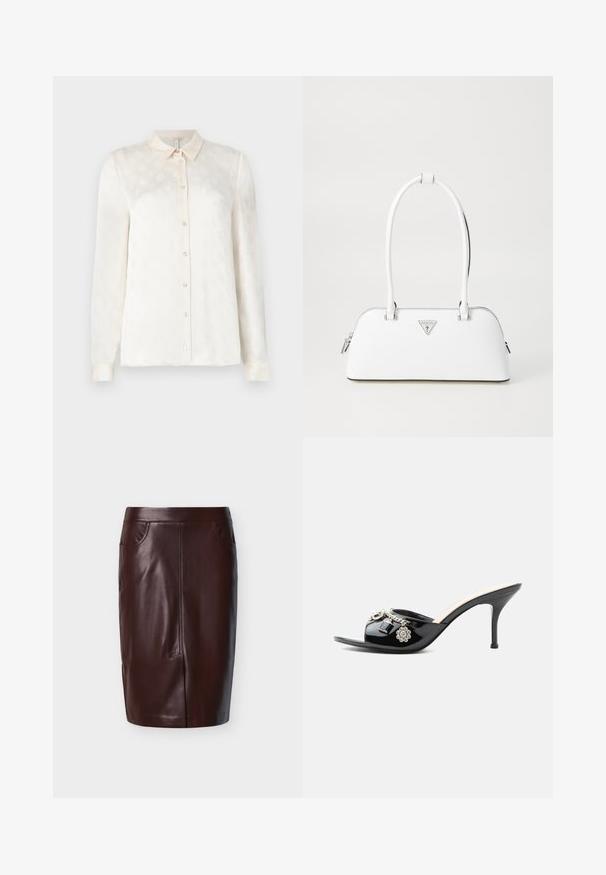 Witte langslokige blouse met een kraag, knoopsluiting aan de voorkant, gemaakt van een gladde stof met een subtiel reliëfpatroon.; Bruine leren potloodrok met een gladde textuur, voorzien van twee zijzakken en een naaddetail aan de voorkant, ontworpen voor een strakke pasvorm.; Zwarte lakleren mule met hoge hak, open teen en decoratieve zilveren bedels, waaronder een bloem en hangslot op de voorste band.; Witte leren handtas met een gebogen vorm, voorzien van een zilveren driehoekig logo en ritssluiting. Gladde textuur en dubbele handvaten.