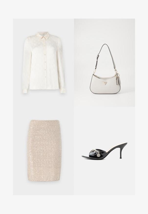 Hvid langærmet skjorte med krave, knaplukning foran, lavet af et glat stof med et subtilt præg mønster.; Sublim beige blyantskjørt med en tætsiddende design, dækket af små, reflekterende paletter, glat tekstur og lige kant.; Sort laklæder højt hælet mule med åben tå og dekorative sølvcharme inklusive en blomst og hængelås på frontstroppen.; Hvid tekstureret håndtaske med en buet form, guldfarvet hardware, en aftagelig rem og et logo-akcent. Inkluderer en nøglekædetag med branding.
