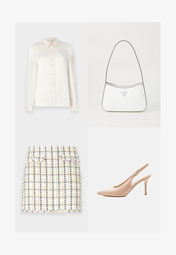 Witte langslokige blouse met een kraag, knoopsluiting aan de voorkant, gemaakt van een gladde stof met een subtiel reliëfpatroon.; Tweed mini rok met een kleurrijk ruitpatroon, een rafelige zoom en twee metalen knoopaccenten aan de voorkant.; Beige lakleren slingback pumps met hoge hak, puntige neus en een klein gouden gespdetail op het bandje.; Witte handtas met een slank, gebogen ontwerp, voorzien van een dunne zwarte schouderband en een zilveren driehoekig logo-accent. Gladde textuur en minimale detailing.