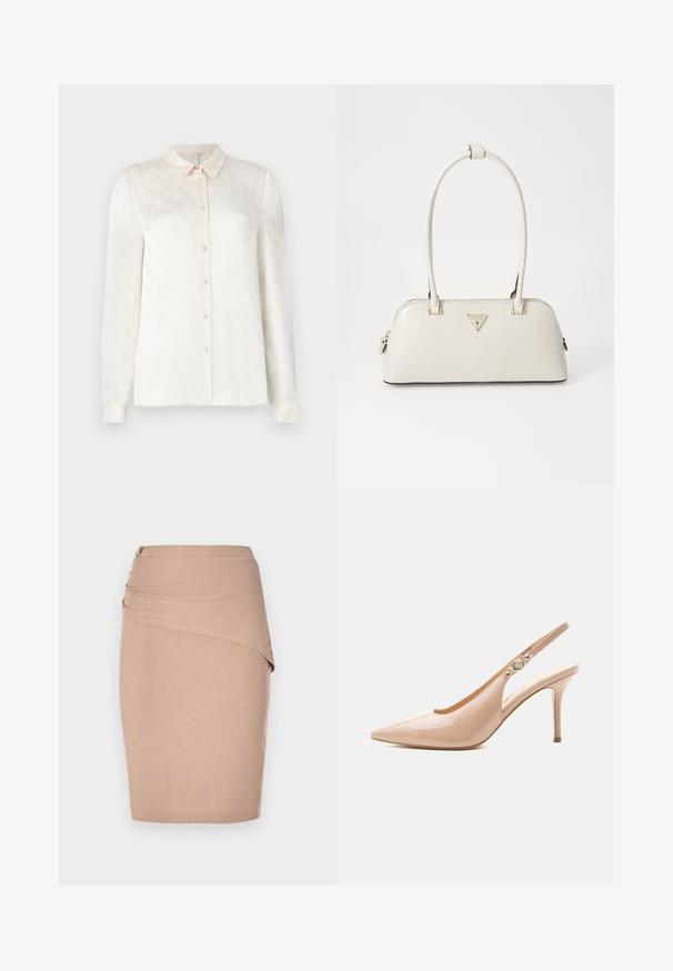 Witte langslokige blouse met een kraag, knoopsluiting aan de voorkant, gemaakt van een gladde stof met een subtiel reliëfpatroon.; Beige kokerrok tot de knie, gemaakt van ribbelstof, met een gedrapeerd voorpand en een zilveren rits aan de zijkant. Gladde textuur.; Beige lakleren slingback pumps met hoge hak, puntige neus en een klein gouden gespdetail op het bandje.; Crème handtas van patenleer met een gebogen vorm, twee bovenhandvatten en een goudkleurig driehoekig logo aan de voorkant. Ritsafsluiting.