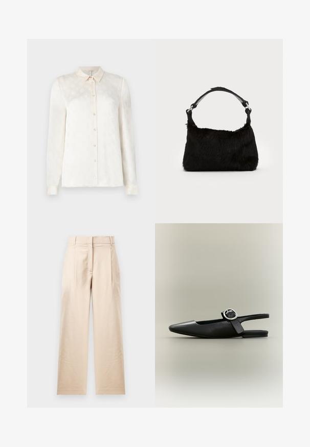 Witte langslokige blouse met een kraag, knoopsluiting aan de voorkant, gemaakt van een gladde stof met een subtiel reliëfpatroon.; Beige broek van gladde stof. Met een rechte snit, platte voorkant en twee plooiingen. Geen zichtbare patronen of hardware.; Zwarte puntschoen met lage hak en zilveren gesp, slingback model op een neutrale achtergrond.; Zwarte neplederen handtas met een zachte textuur, ronde vorm en een stevige zwartleren schouderband. Zilveren hardwareaccenten zichtbaar.