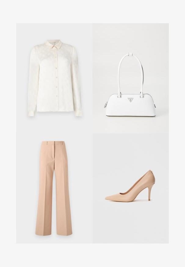 Weißes langärmeliges Hemd mit Kragen, durchgängiger Knopfleiste, aus einem glatten Stoff mit einem dezenten geprägten Muster.; Beige, hoch taillierte Hose mit weitem Bein. Hergestellt aus glattem Stoff, mit vorderen Falten und einem schlichten Bund.; Beiger Leder-Pumps mit spitzer Spitze, glatter Textur und schmalem Stiletto-Absatz. Minimalistisches Design mit Schlupfverschluss.; Weiße Lederhandtasche mit geschwungener Form, versehen mit einem silbernen dreieckigen Logo und einem Reißverschluss. Glatte Textur und zwei Griffe.