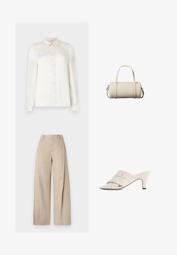 Witte langslokige blouse met een kraag, knoopsluiting aan de voorkant, gemaakt van een gladde stof met een subtiel reliëfpatroon.; Beige linnen wijde broek met een hoge taille, met een zachte textuur en strakke lijnen, ontworpen voor een ontspannen pasvorm.; Beige hoge hakken mules met een gedraaide lederen band, open teen en een reliëf logo-accent. De hak heeft een zwarte puntdetail.; Kleine cilindervormige beige leren handtas met twee handvatten, een afneembare schouderriem en Calvin Klein-logo aan de voorkant.